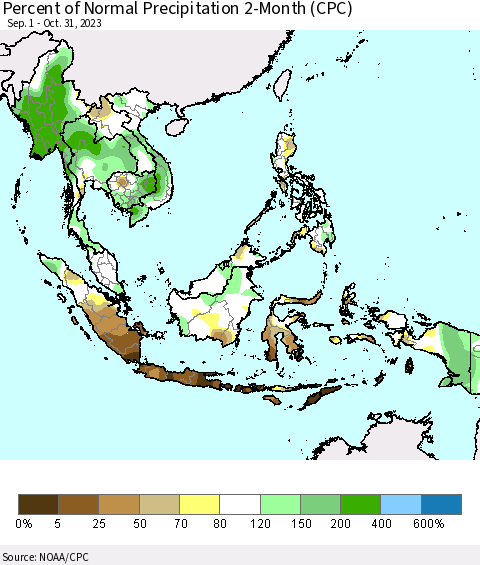 South East Asia Percent of Normal Precipitation 2-Month (CPC) Thematic Map For 9/1/2023 - 10/31/2023