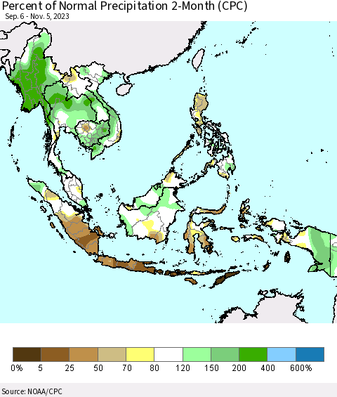 South East Asia Percent of Normal Precipitation 2-Month (CPC) Thematic Map For 9/6/2023 - 11/5/2023