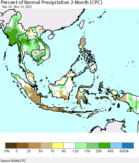 South East Asia Percent of Normal Precipitation 2-Month (CPC) Thematic Map For 9/16/2023 - 11/15/2023