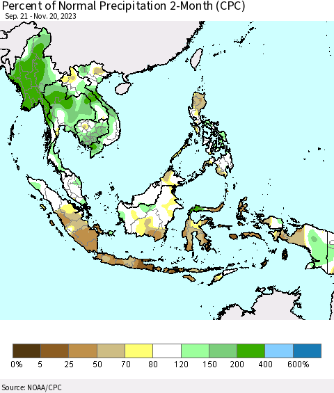South East Asia Percent of Normal Precipitation 2-Month (CPC) Thematic Map For 9/21/2023 - 11/20/2023
