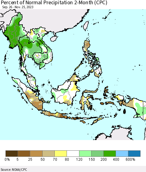 South East Asia Percent of Normal Precipitation 2-Month (CPC) Thematic Map For 9/26/2023 - 11/25/2023