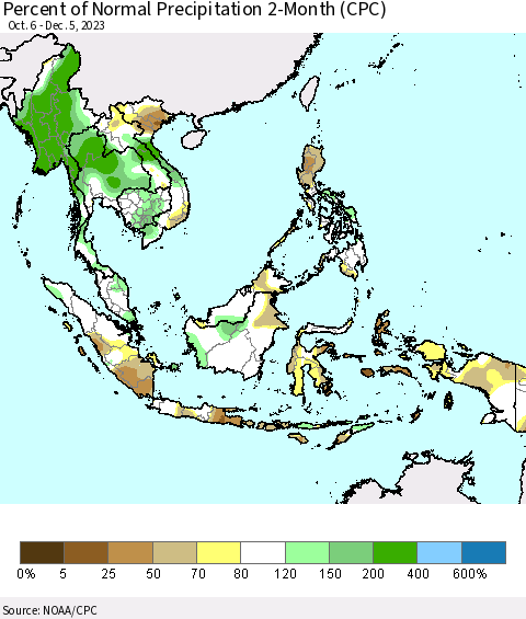 South East Asia Percent of Normal Precipitation 2-Month (CPC) Thematic Map For 10/6/2023 - 12/5/2023