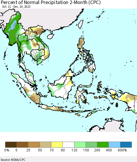 South East Asia Percent of Normal Precipitation 2-Month (CPC) Thematic Map For 10/11/2023 - 12/10/2023