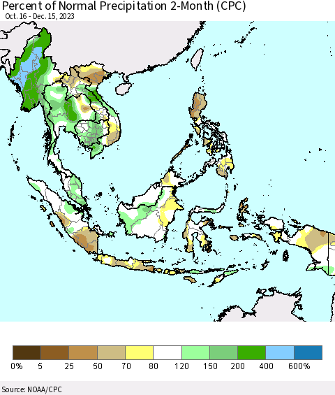 South East Asia Percent of Normal Precipitation 2-Month (CPC) Thematic Map For 10/16/2023 - 12/15/2023