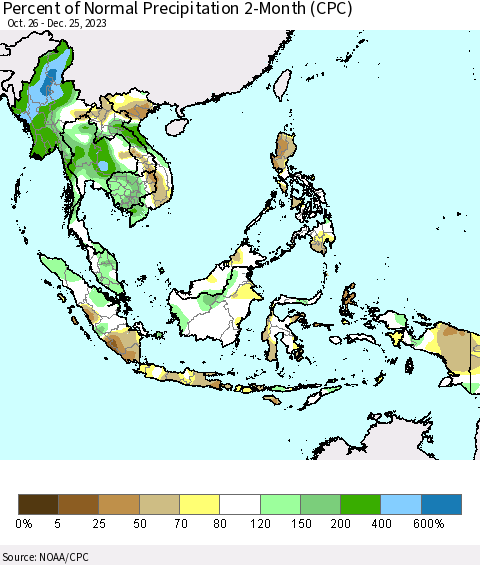 South East Asia Percent of Normal Precipitation 2-Month (CPC) Thematic Map For 10/26/2023 - 12/25/2023