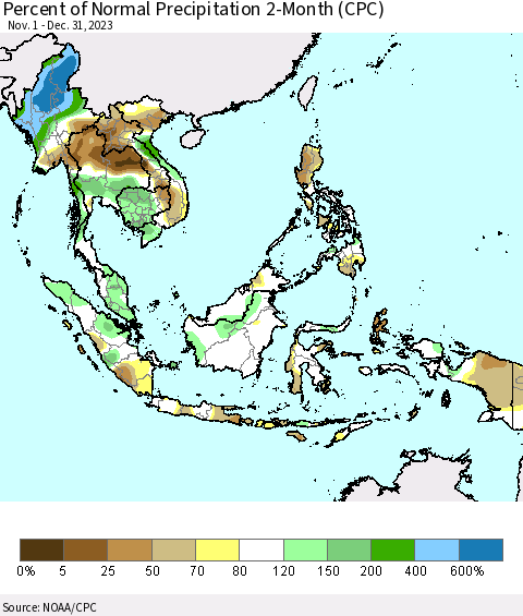 South East Asia Percent of Normal Precipitation 2-Month (CPC) Thematic Map For 11/1/2023 - 12/31/2023