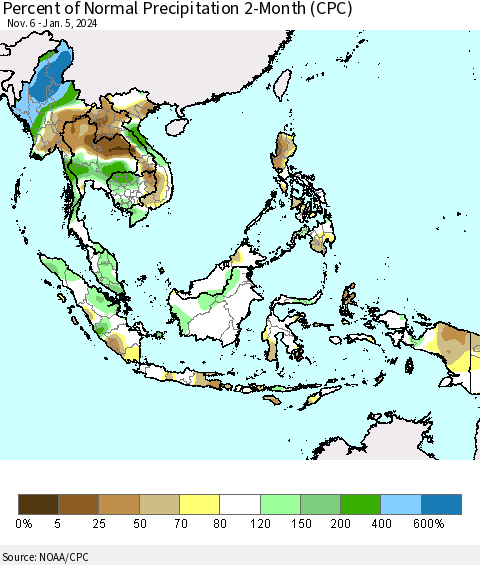 South East Asia Percent of Normal Precipitation 2-Month (CPC) Thematic Map For 11/6/2023 - 1/5/2024