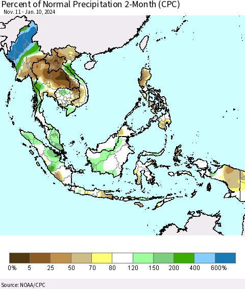 South East Asia Percent of Normal Precipitation 2-Month (CPC) Thematic Map For 11/11/2023 - 1/10/2024