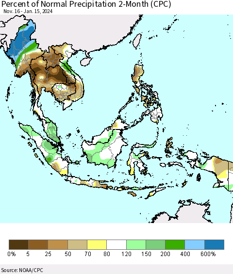 South East Asia Percent of Normal Precipitation 2-Month (CPC) Thematic Map For 11/16/2023 - 1/15/2024