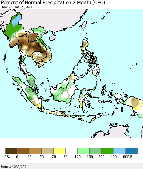South East Asia Percent of Normal Precipitation 2-Month (CPC) Thematic Map For 11/26/2023 - 1/25/2024