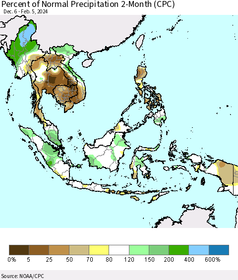 South East Asia Percent of Normal Precipitation 2-Month (CPC) Thematic Map For 12/6/2023 - 2/5/2024