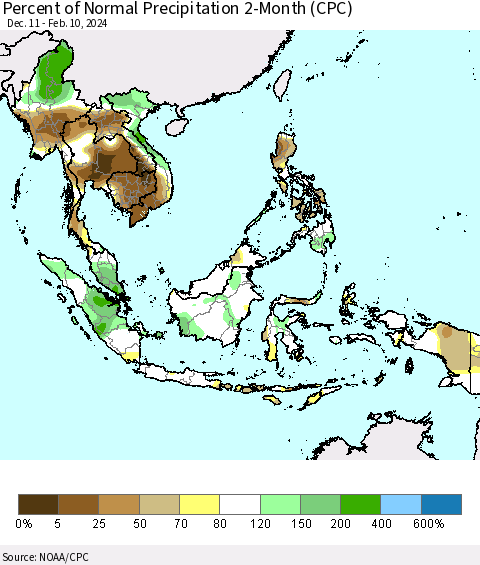 South East Asia Percent of Normal Precipitation 2-Month (CPC) Thematic Map For 12/11/2023 - 2/10/2024