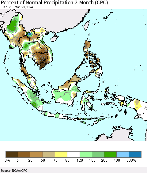 South East Asia Percent of Normal Precipitation 2-Month (CPC) Thematic Map For 1/21/2024 - 3/20/2024