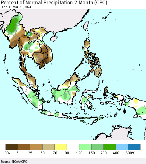 South East Asia Percent of Normal Precipitation 2-Month (CPC) Thematic Map For 2/1/2024 - 3/31/2024