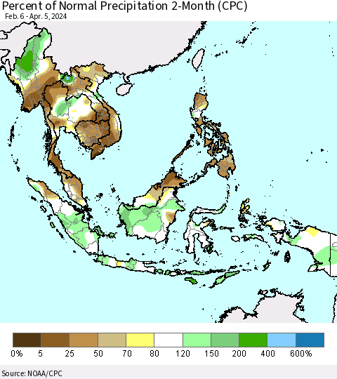 South East Asia Percent of Normal Precipitation 2-Month (CPC) Thematic Map For 2/6/2024 - 4/5/2024
