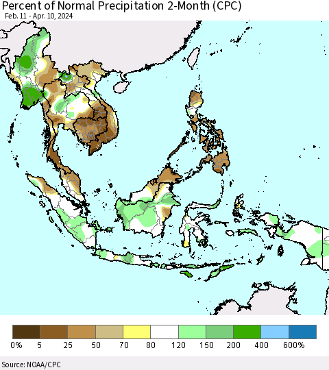 South East Asia Percent of Normal Precipitation 2-Month (CPC) Thematic Map For 2/11/2024 - 4/10/2024