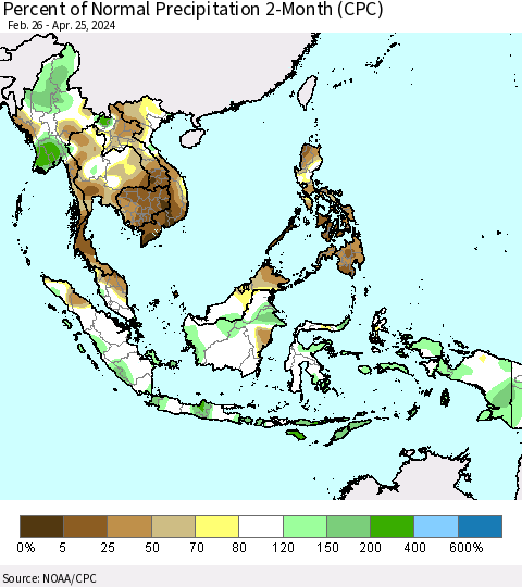 South East Asia Percent of Normal Precipitation 2-Month (CPC) Thematic Map For 2/26/2024 - 4/25/2024