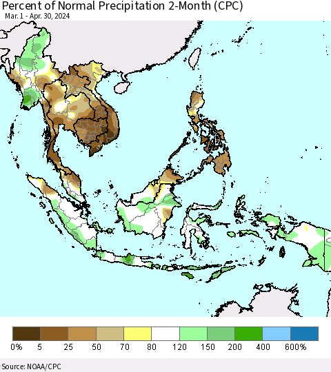 South East Asia Percent of Normal Precipitation 2-Month (CPC) Thematic Map For 3/1/2024 - 4/30/2024