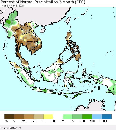 South East Asia Percent of Normal Precipitation 2-Month (CPC) Thematic Map For 3/6/2024 - 5/5/2024