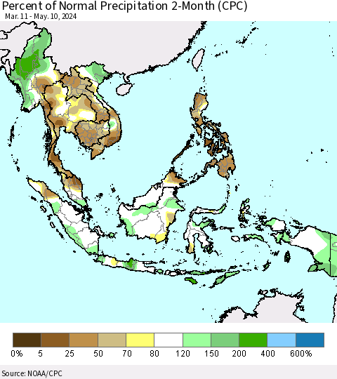 South East Asia Percent of Normal Precipitation 2-Month (CPC) Thematic Map For 3/11/2024 - 5/10/2024