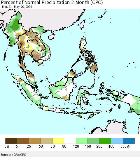 South East Asia Percent of Normal Precipitation 2-Month (CPC) Thematic Map For 3/21/2024 - 5/20/2024