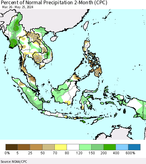 South East Asia Percent of Normal Precipitation 2-Month (CPC) Thematic Map For 3/26/2024 - 5/25/2024