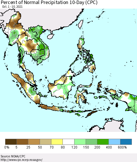 South East Asia Percent of Normal Precipitation 10-Day (CPC) Thematic Map For 10/1/2021 - 10/10/2021