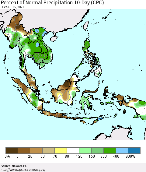 South East Asia Percent of Normal Precipitation 10-Day (CPC) Thematic Map For 10/6/2021 - 10/15/2021