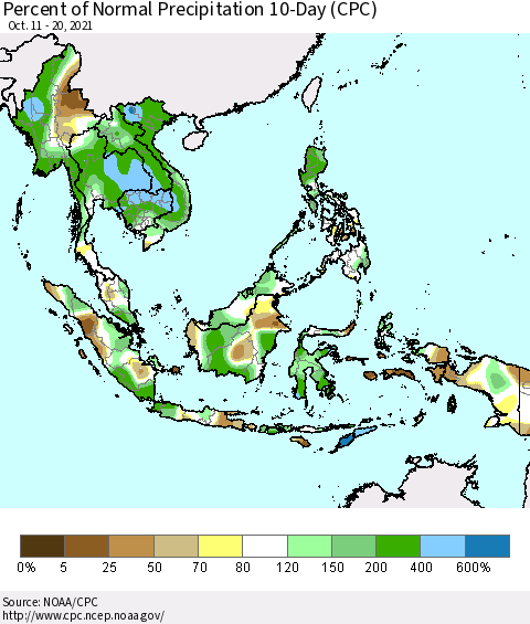 South East Asia Percent of Normal Precipitation 10-Day (CPC) Thematic Map For 10/11/2021 - 10/20/2021