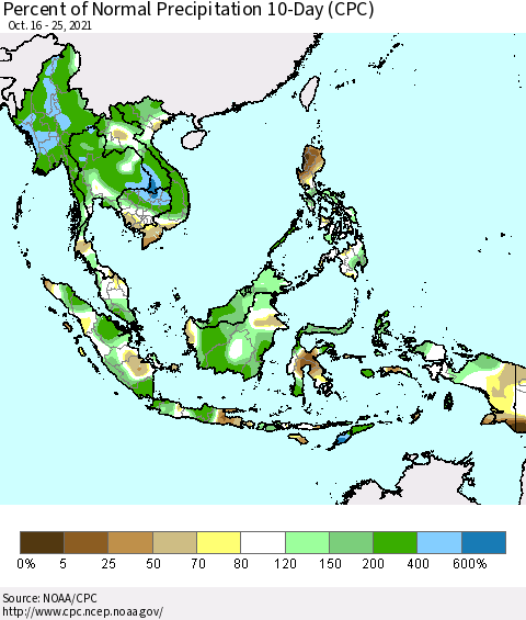 South East Asia Percent of Normal Precipitation 10-Day (CPC) Thematic Map For 10/16/2021 - 10/25/2021