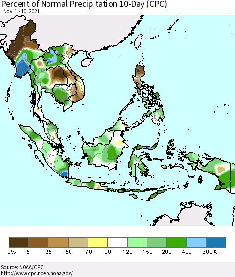 South East Asia Percent of Normal Precipitation 10-Day (CPC) Thematic Map For 11/1/2021 - 11/10/2021