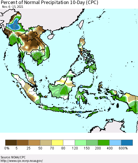 South East Asia Percent of Normal Precipitation 10-Day (CPC) Thematic Map For 11/6/2021 - 11/15/2021