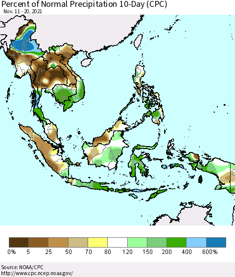 South East Asia Percent of Normal Precipitation 10-Day (CPC) Thematic Map For 11/11/2021 - 11/20/2021