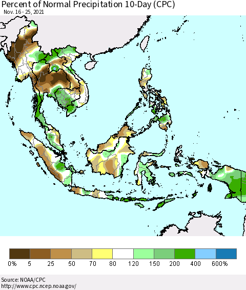 South East Asia Percent of Normal Precipitation 10-Day (CPC) Thematic Map For 11/16/2021 - 11/25/2021
