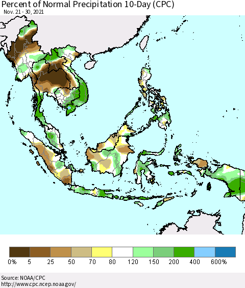 South East Asia Percent of Normal Precipitation 10-Day (CPC) Thematic Map For 11/21/2021 - 11/30/2021