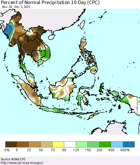 South East Asia Percent of Normal Precipitation 10-Day (CPC) Thematic Map For 11/26/2021 - 12/5/2021