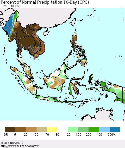 South East Asia Percent of Normal Precipitation 10-Day (CPC) Thematic Map For 12/1/2021 - 12/10/2021