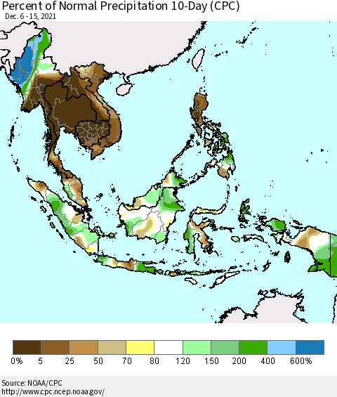 South East Asia Percent of Normal Precipitation 10-Day (CPC) Thematic Map For 12/6/2021 - 12/15/2021