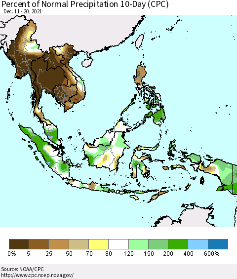 South East Asia Percent of Normal Precipitation 10-Day (CPC) Thematic Map For 12/11/2021 - 12/20/2021