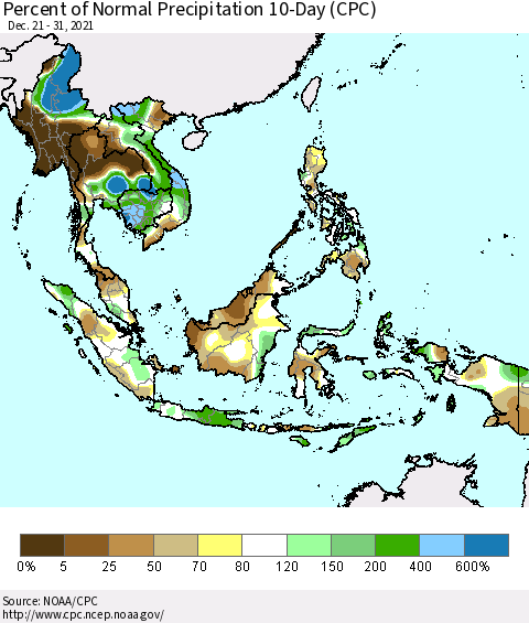 South East Asia Percent of Normal Precipitation 10-Day (CPC) Thematic Map For 12/21/2021 - 12/31/2021