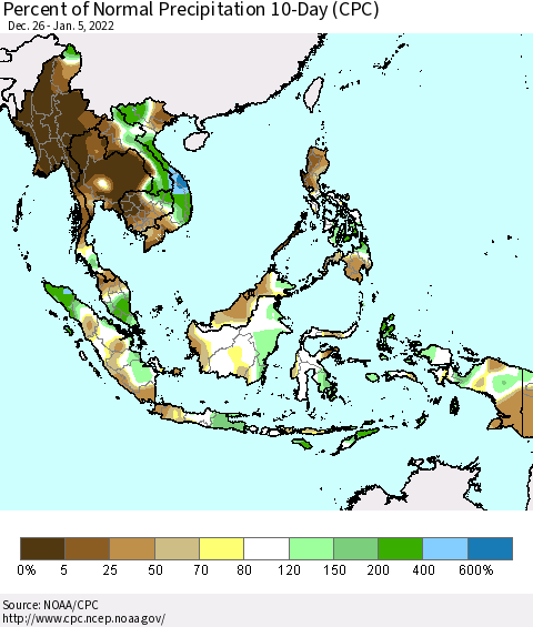 South East Asia Percent of Normal Precipitation 10-Day (CPC) Thematic Map For 12/26/2021 - 1/5/2022