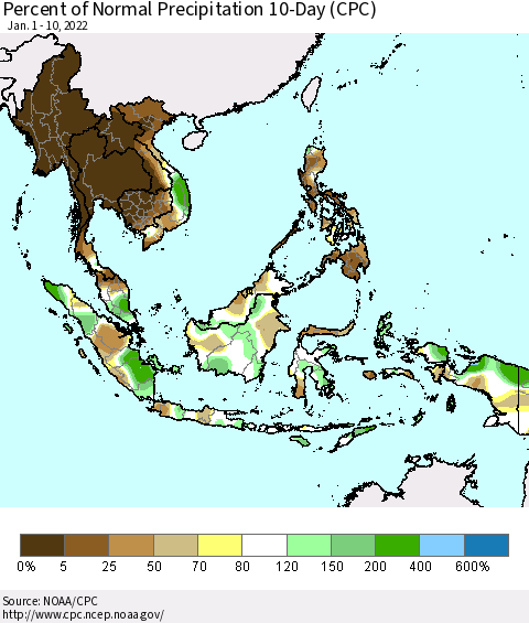 South East Asia Percent of Normal Precipitation 10-Day (CPC) Thematic Map For 1/1/2022 - 1/10/2022