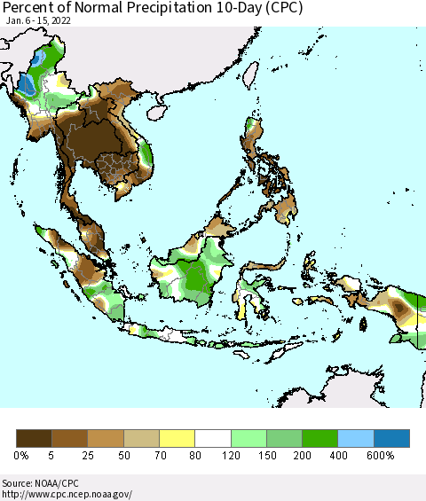 South East Asia Percent of Normal Precipitation 10-Day (CPC) Thematic Map For 1/6/2022 - 1/15/2022