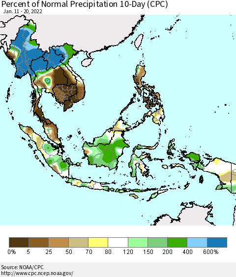 South East Asia Percent of Normal Precipitation 10-Day (CPC) Thematic Map For 1/11/2022 - 1/20/2022