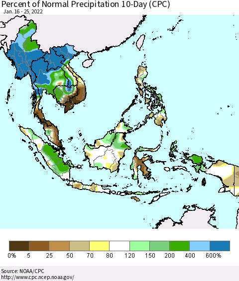 South East Asia Percent of Normal Precipitation 10-Day (CPC) Thematic Map For 1/16/2022 - 1/25/2022