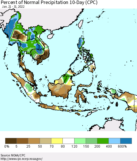 South East Asia Percent of Normal Precipitation 10-Day (CPC) Thematic Map For 1/21/2022 - 1/31/2022