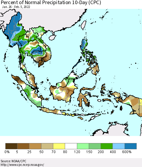 South East Asia Percent of Normal Precipitation 10-Day (CPC) Thematic Map For 1/26/2022 - 2/5/2022