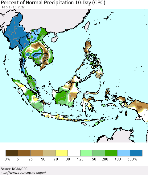 South East Asia Percent of Normal Precipitation 10-Day (CPC) Thematic Map For 2/1/2022 - 2/10/2022