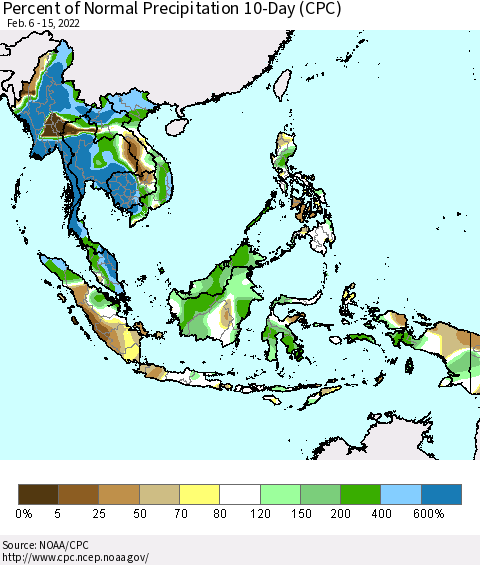 South East Asia Percent of Normal Precipitation 10-Day (CPC) Thematic Map For 2/6/2022 - 2/15/2022
