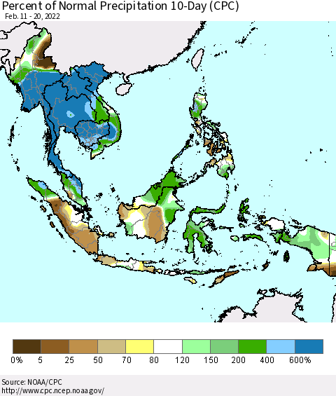 South East Asia Percent of Normal Precipitation 10-Day (CPC) Thematic Map For 2/11/2022 - 2/20/2022